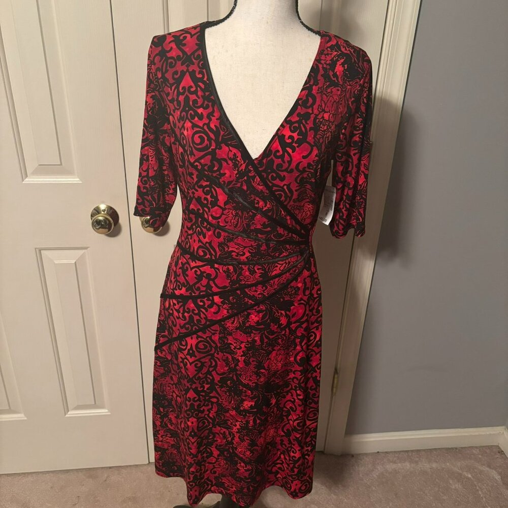 Dressbarn 3/4 Sleeve V-Neck Faux Wrap Dress, Size 8, Red & Black, NWT